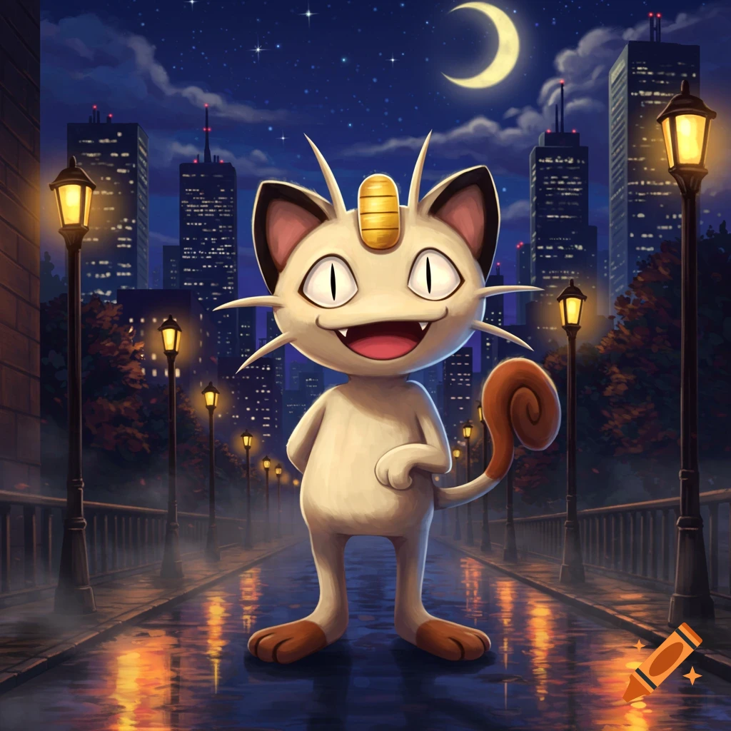 Meowth stands on a wet street at night, with streetlights and city skyscrapers under a crescent moon.