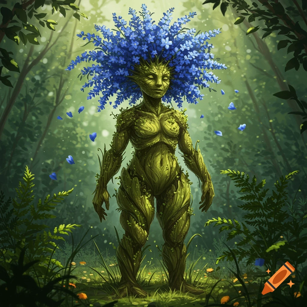 A plant humanoid with blue flowers for hair stands in a vibrant forest, with light filtering through the canopy.
