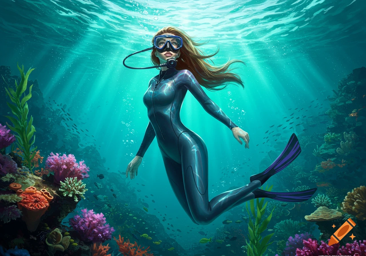 A woman in a black wetsuit with purple fins scuba dives in a vibrant coral reef, digital art.