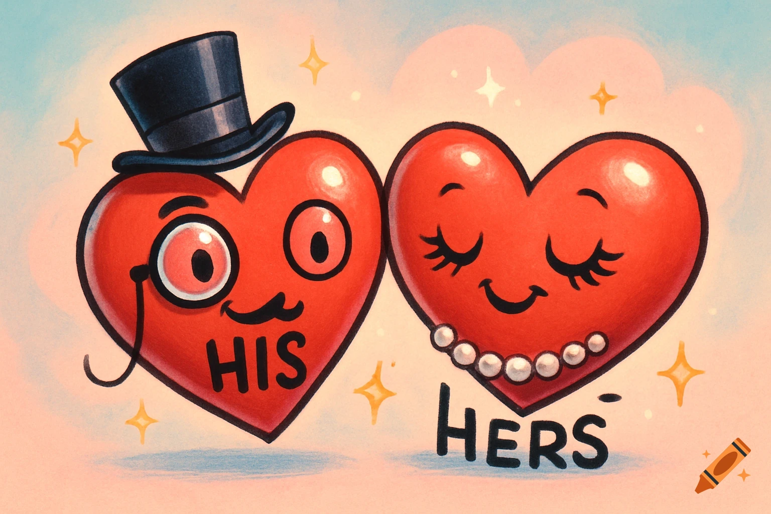 Two happy cartoon hearts, one wearing a top hat and monocle labeled 'HIS', the other wearing pearls labeled 'HERS', on a sky background.