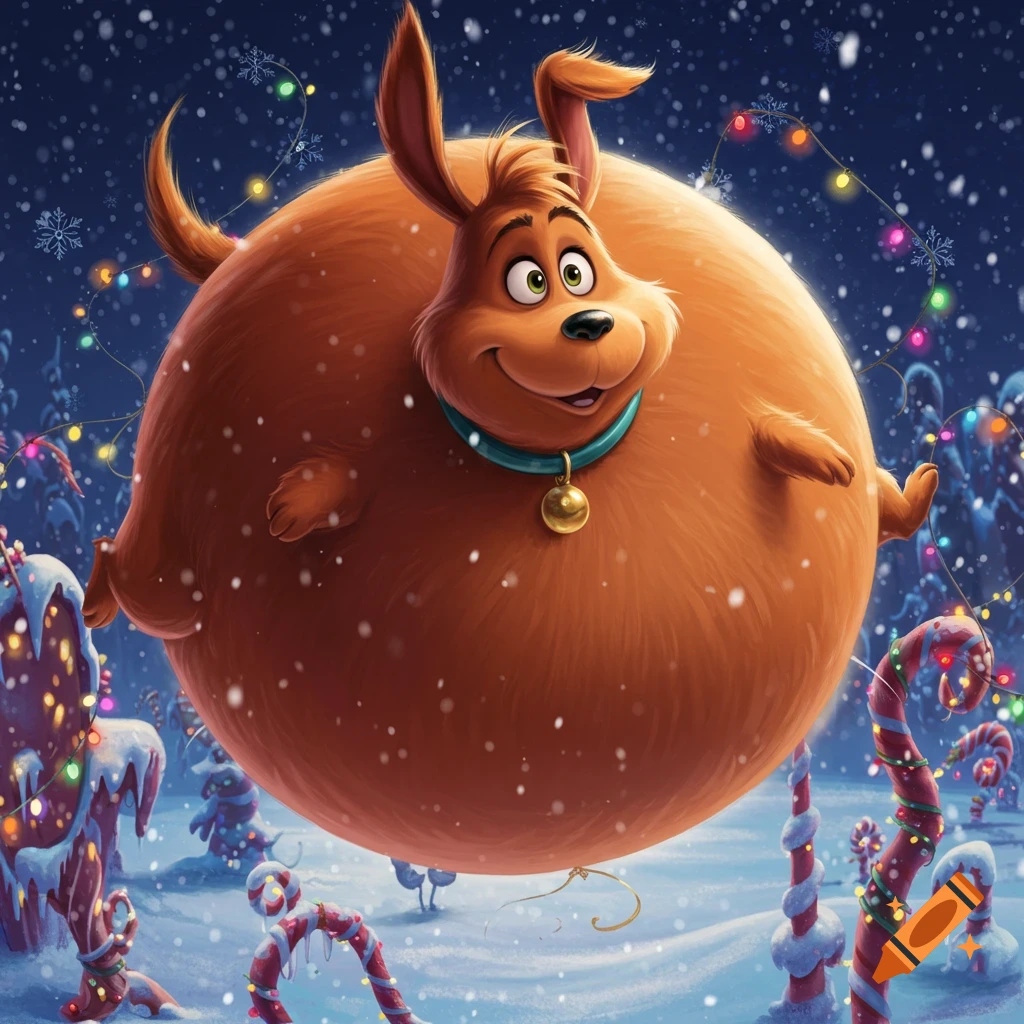 A giant, inflated Max the Dog floats in a snowy Christmas landscape filled with candy canes and string lights, cartoon style.