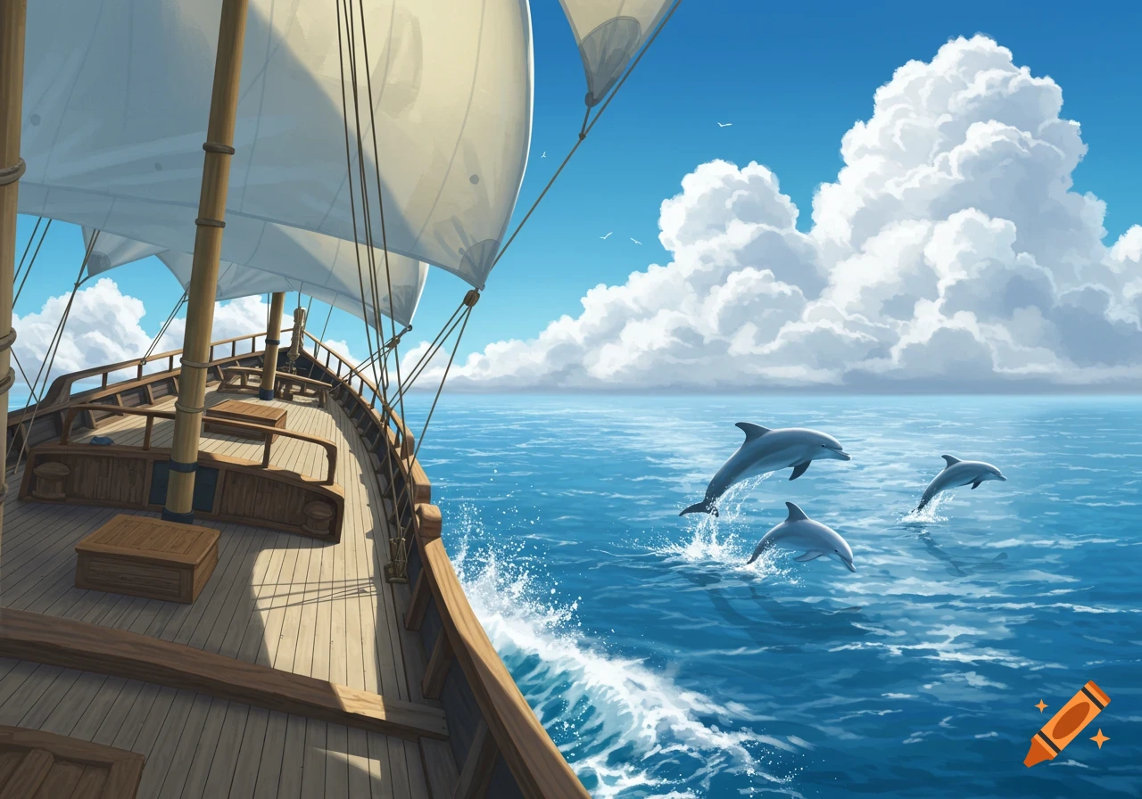 A digital illustration of the bow of a sailboat with white sails on a blue ocean, as three dolphins jump from the waves.