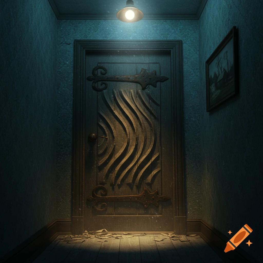 A dimly lit, mysterious hallway leading to a dark, intricately carved wooden door with ornate metal hinges.
