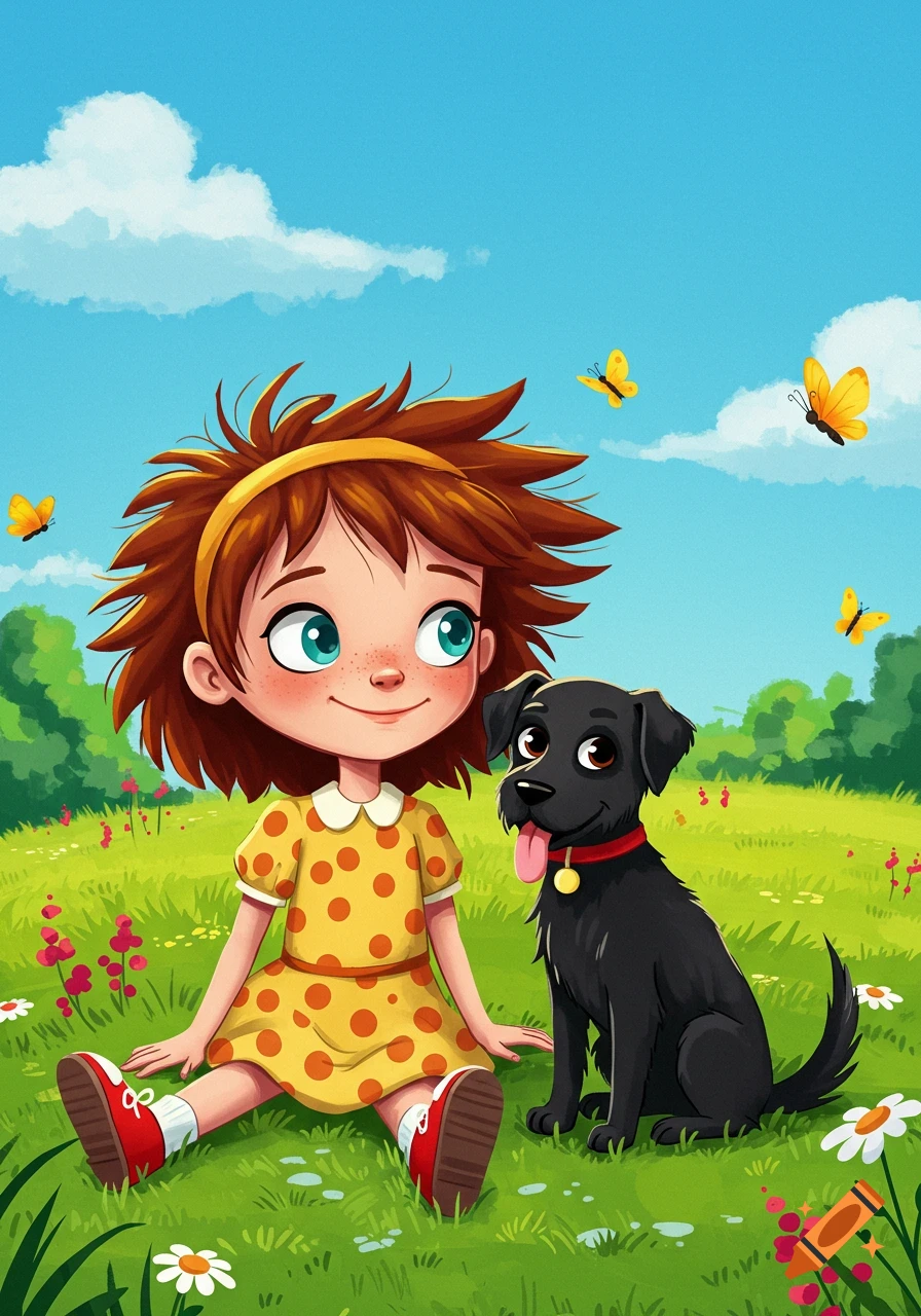 A cartoon girl with red hair and a yellow polka dot dress sits in a green field next to a black dog, with butterflies flying around.
