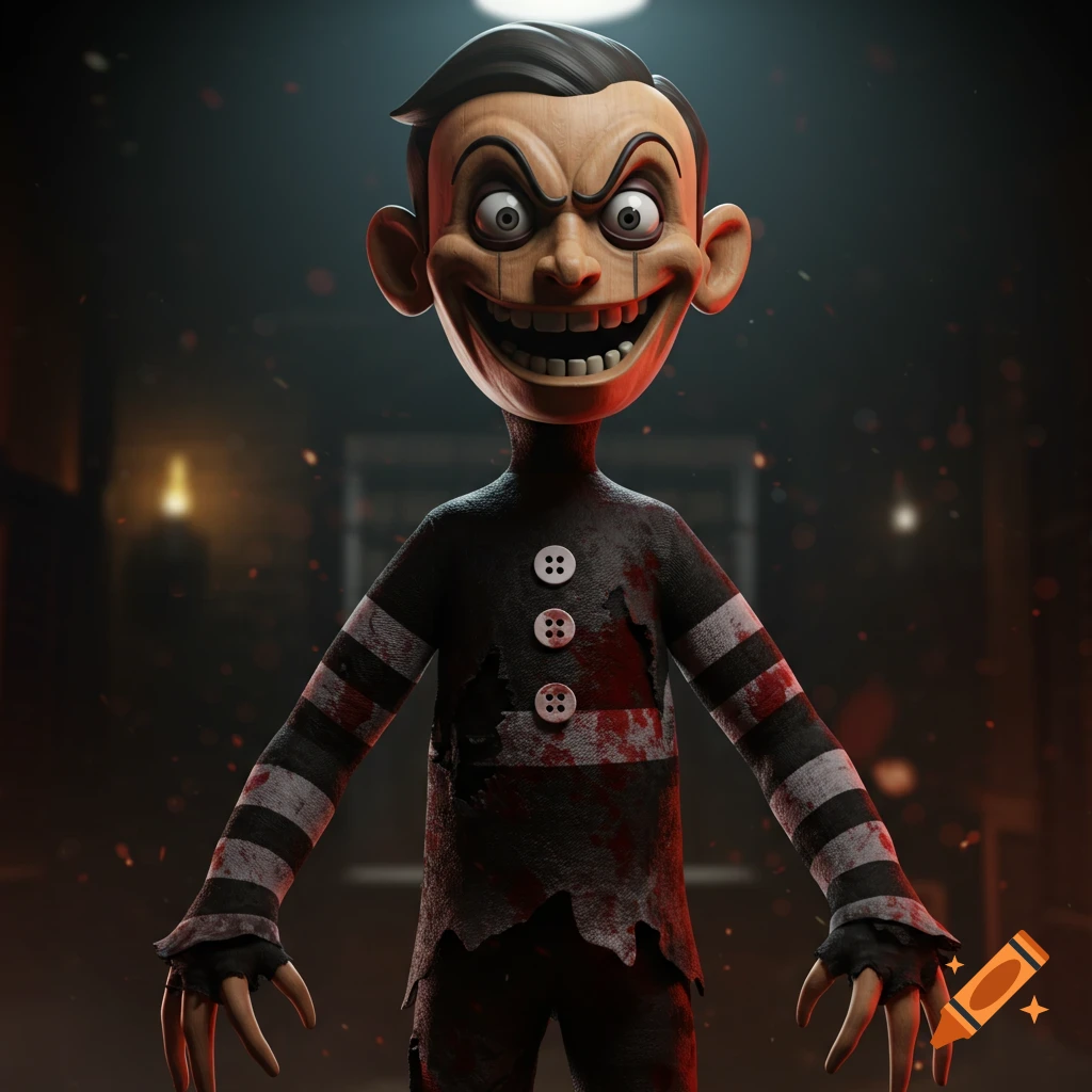 A creepy, grinning puppet with a wooden face and clawed hands, wearing a blood-stained, torn black and white striped shirt, stands in a dark room.