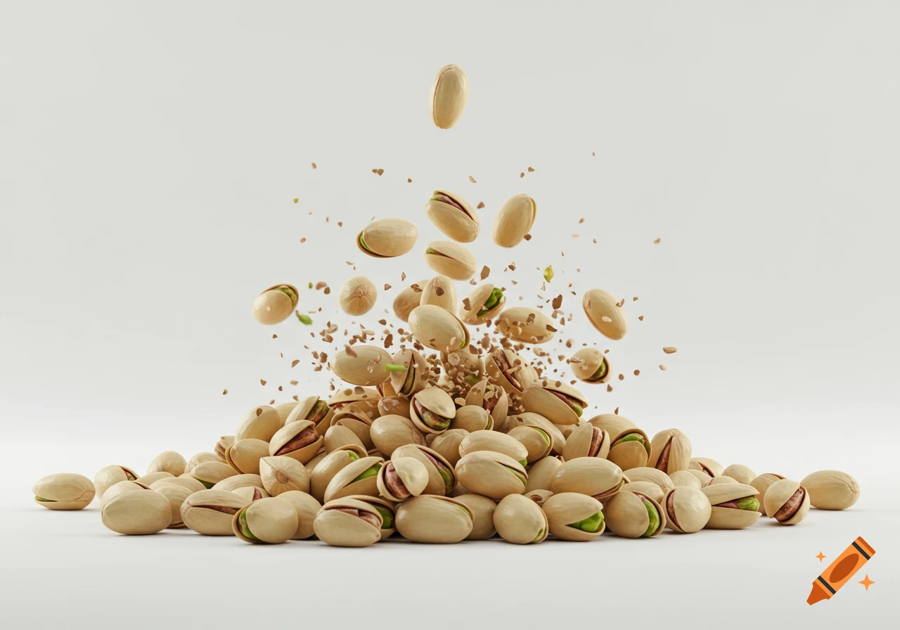 Photorealistic image of a pile of pistachios with more nuts and shell fragments falling and scattering on a light background.