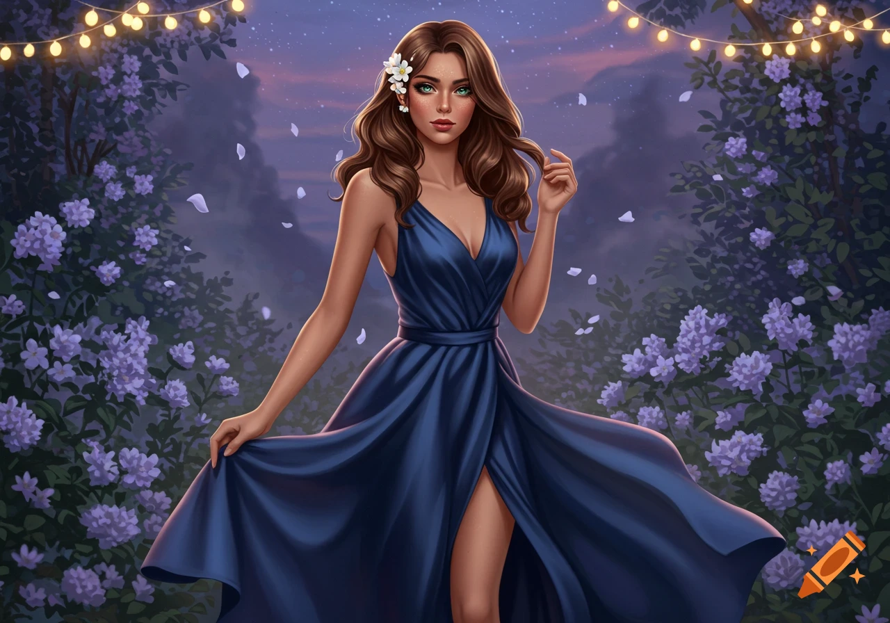 A digitally illustrated woman in a blue gown poses in a twilight garden filled with purple flowers and string lights.