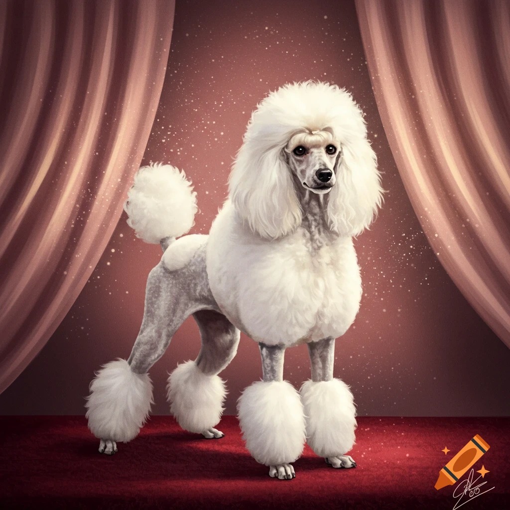 A fluffy white show poodle stands on a red carpet in front of red curtains, in a digital art style.