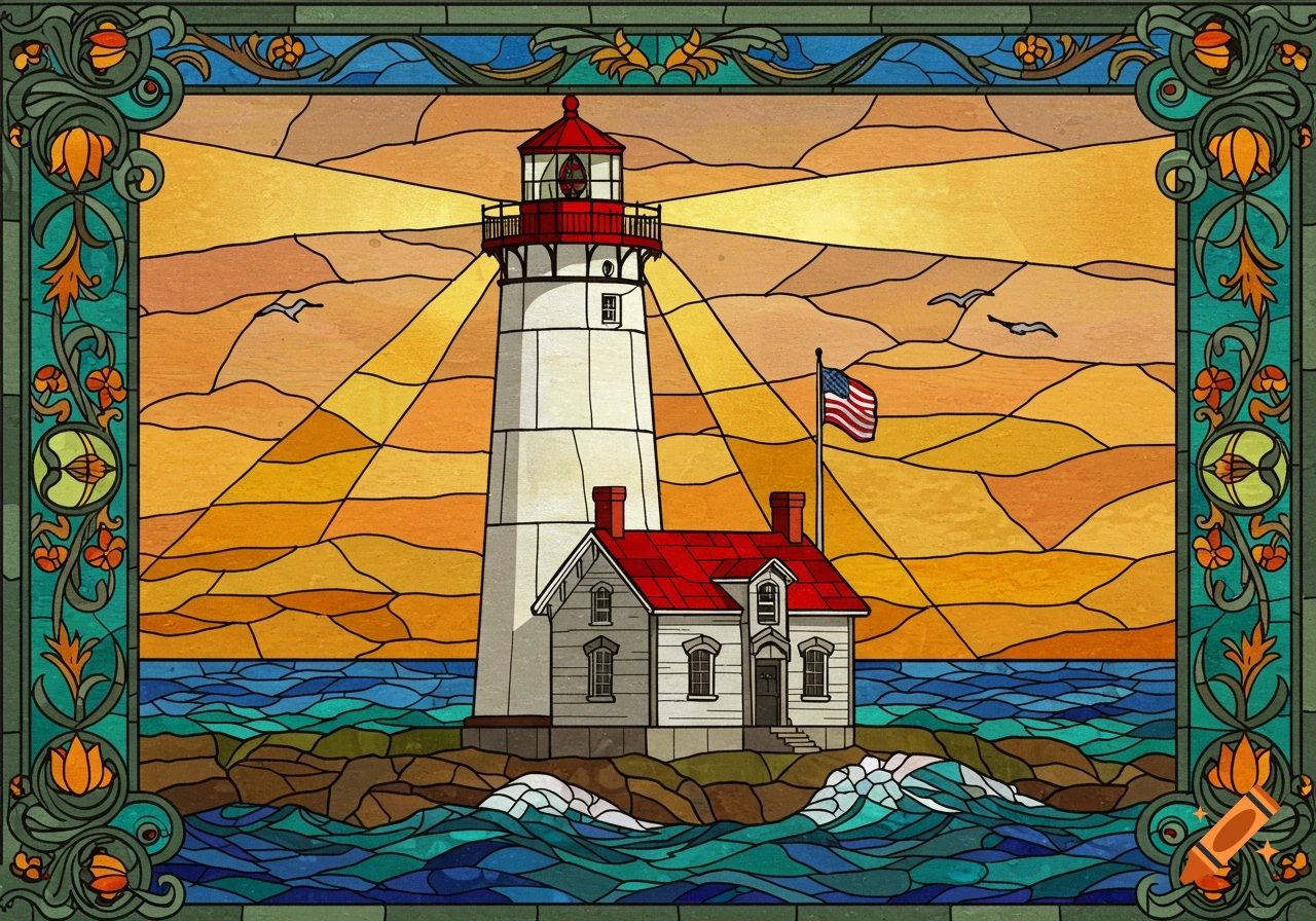 Stained glass art of a lighthouse with an adjacent house on a rocky island, an American flag, and birds under a sunset sky.