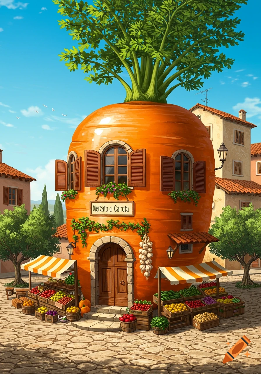 A whimsical carrot-shaped market building with fruit and vegetable stalls outside, in an Italian village setting.