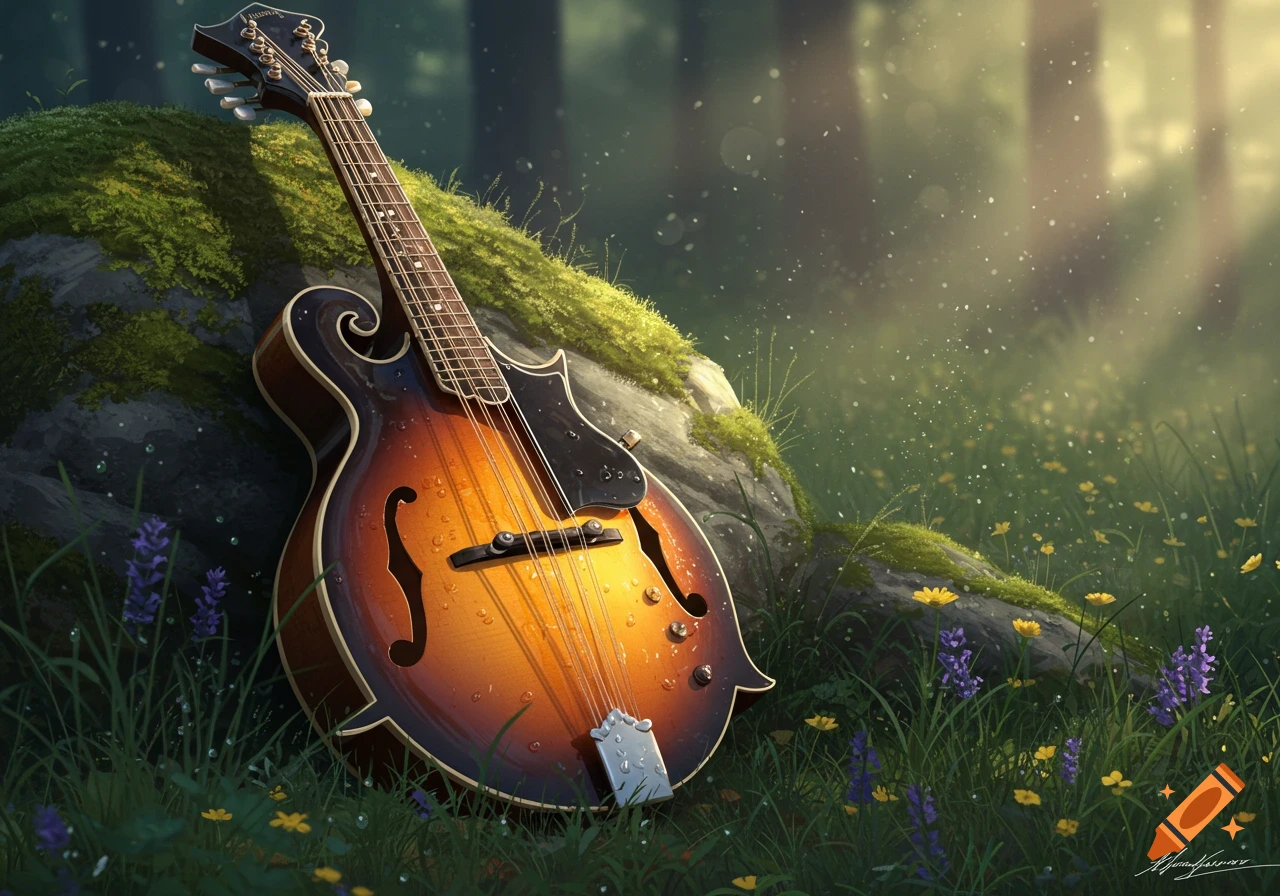A photorealistic mandolin with water droplets leaning against a mossy rock in a sunlit forest with wildflowers and tall grass.