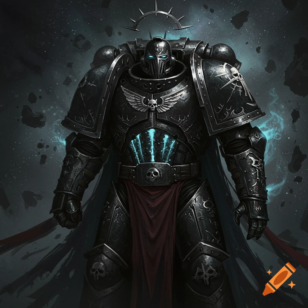 A dark armored warrior in plate armor, resembling a space marine, stands against a cosmic background with glowing blue energy.