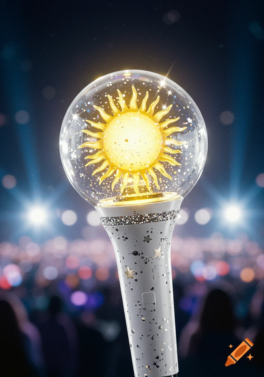 A glossy white K-pop lightstick with silver glitter and stars, crowned with a luminous yellow sun in a clear sphere, glowing against a blurred concert crowd.