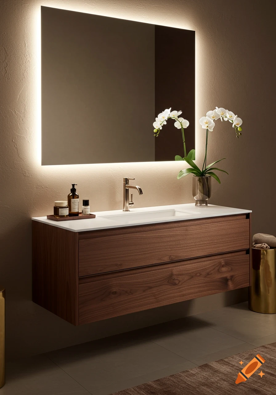 A modern floating wooden vanity unit with a white sink, gold faucet, and illuminated mirror. An orchid sits on the counter.