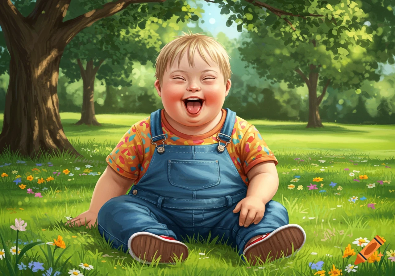 A joyful baby with Down syndrome in blue overalls and a colorful shirt sits in a vibrant green park with trees and wildflowers.