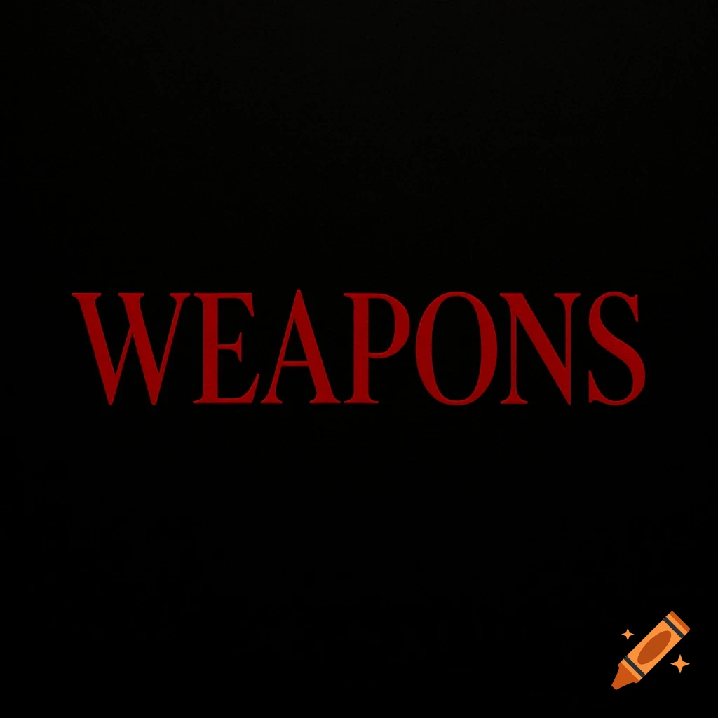 The word 'WEAPONS' in red serif font on a black background.