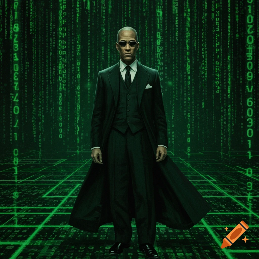 A bald man in sunglasses and a dark green trench coat stands against a background of falling green digital Matrix code.