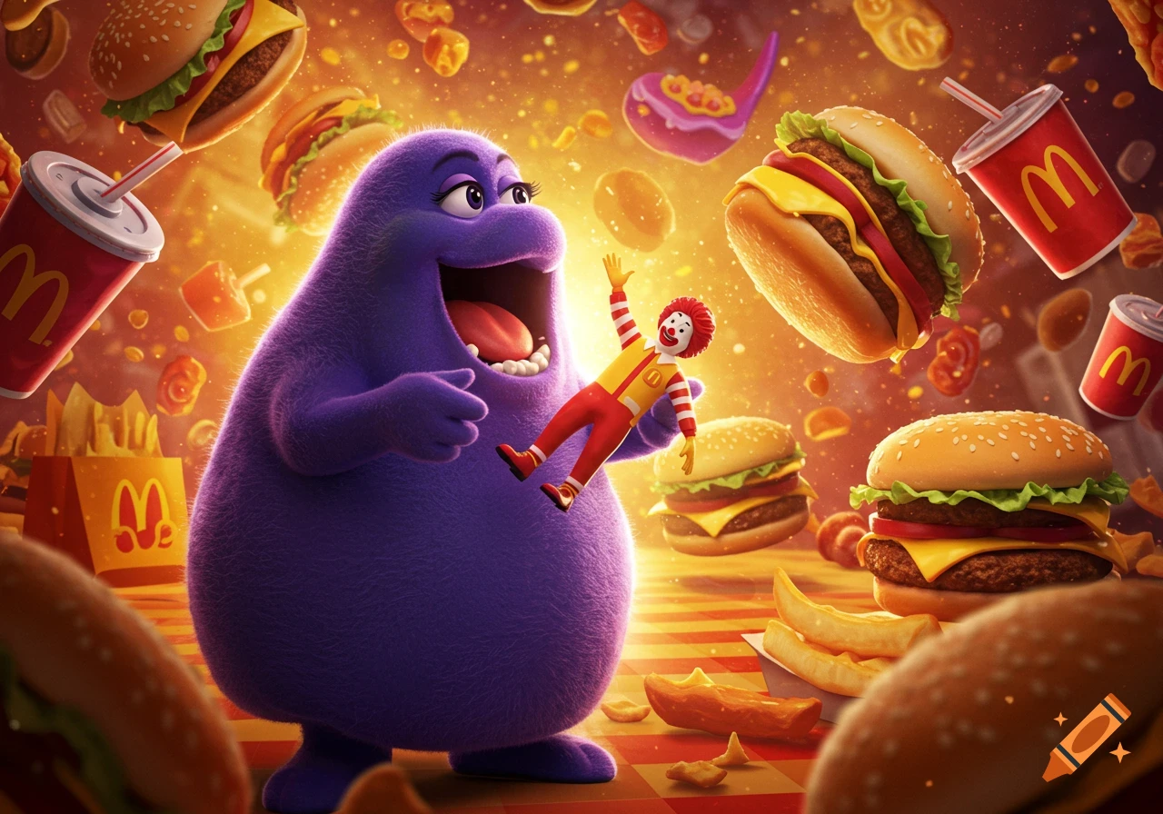 A purple Grimace holds a tiny Ronald McDonald surrounded by floating McDonald's food in a brightly lit, cartoonish scene.