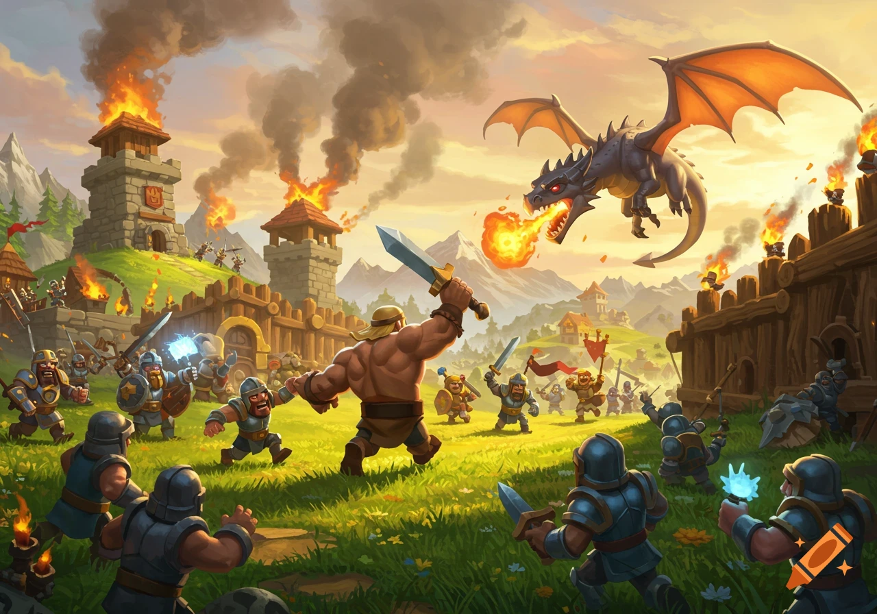 A vibrant fantasy battle scene with barbarians, knights, and dwarves fighting a fire-breathing dragon and attacking a fortified castle.