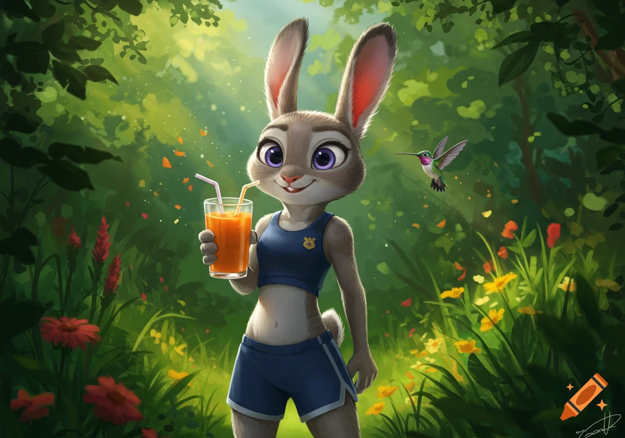 Judy Hopps, a rabbit character, in a blue sports top and shorts, holding a glass of carrot juice in a lush forest with a hummingbird.
