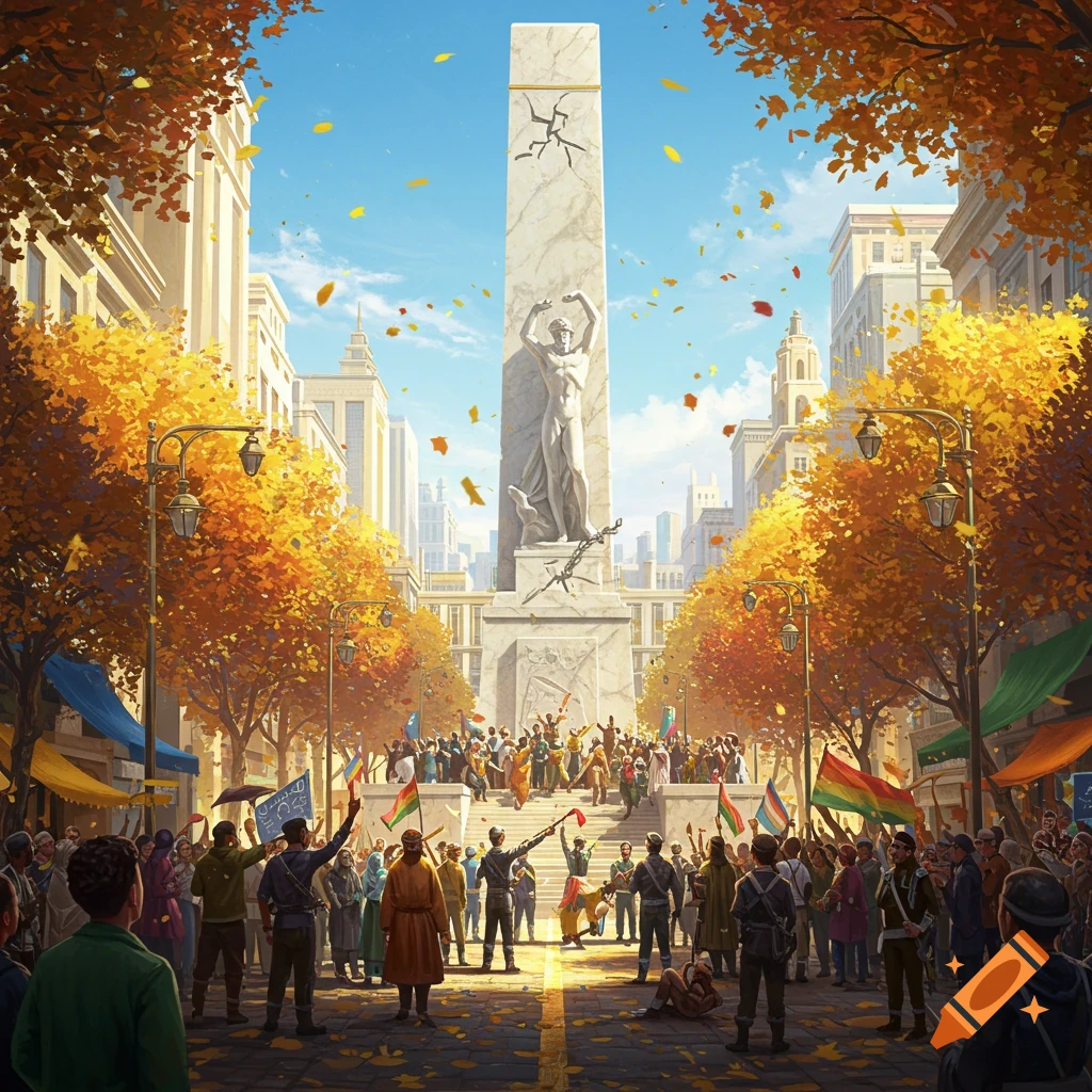 A large crowd celebrates on a wide city street lined with autumn trees, leading to a tall monument with a statue. Fallen leaves cover the ground.