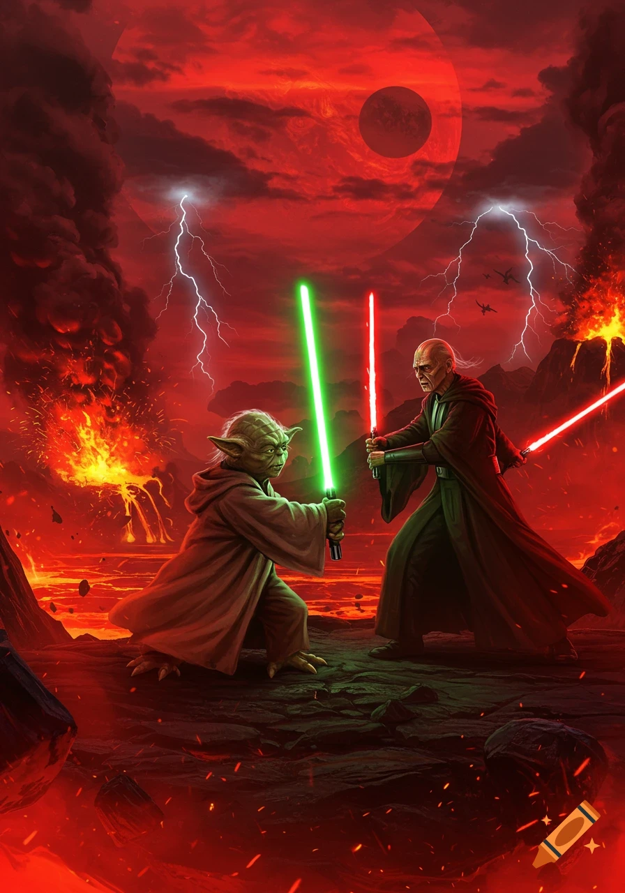Yoda and a dark lord duel with green and red lightsabers on a volcanic planet under a stormy red sky with lightning.