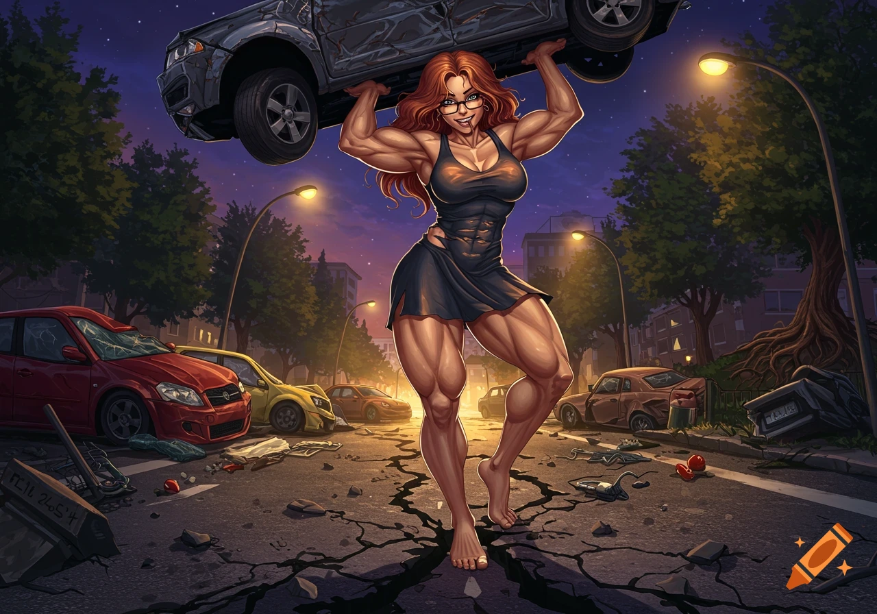 A super-muscular woman holds a crushed car over her head on a destroyed street at night, cracking the ground barefoot. Digital art.