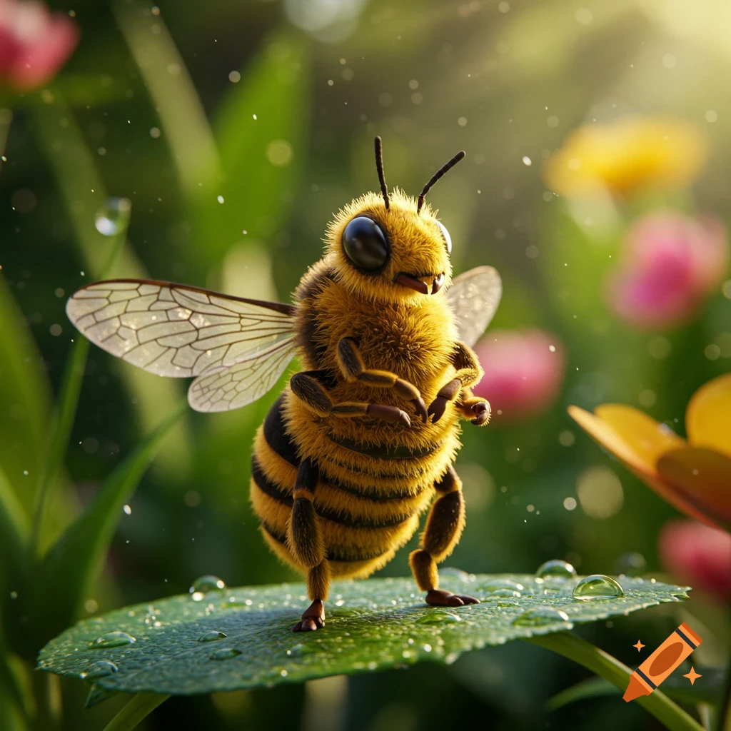 A fluffy honey bee stands upright like a man on a dew-covered green leaf, with a blurred background of colorful flowers and sunlight.