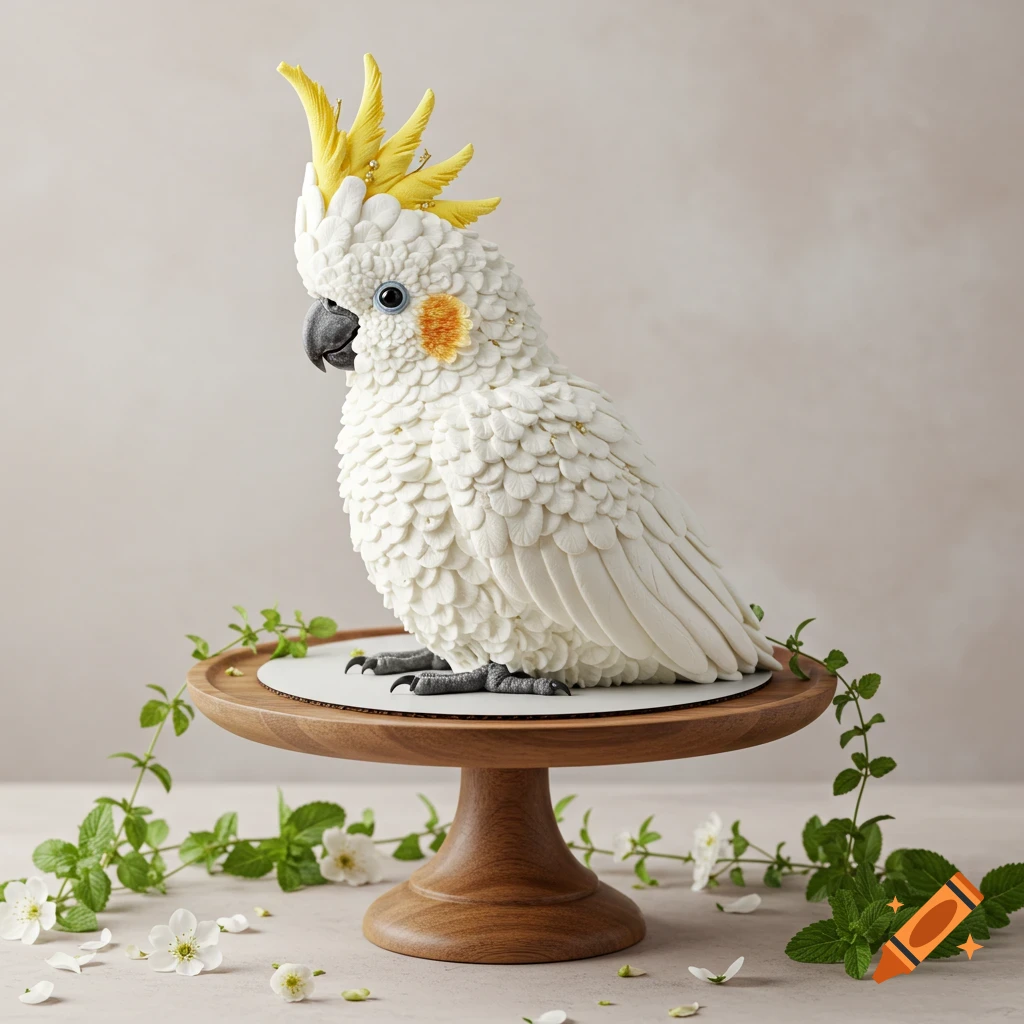 A white cockatoo shaped cake with yellow crest feathers on a wooden cake stand, surrounded by green vines and white flowers.