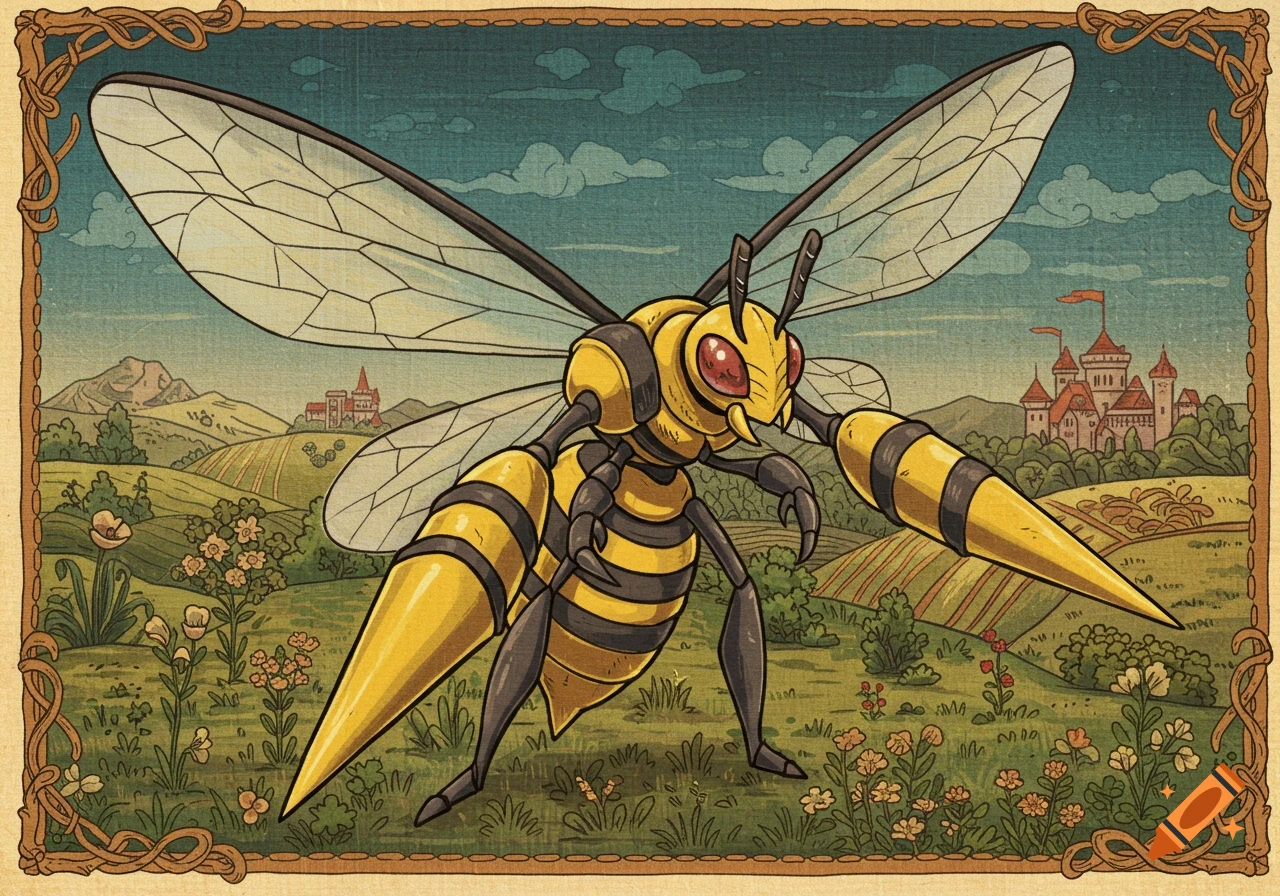 A yellow and black Mega Beedrill from Pokemon stands in a medieval landscape with castles, styled like an old tapestry.