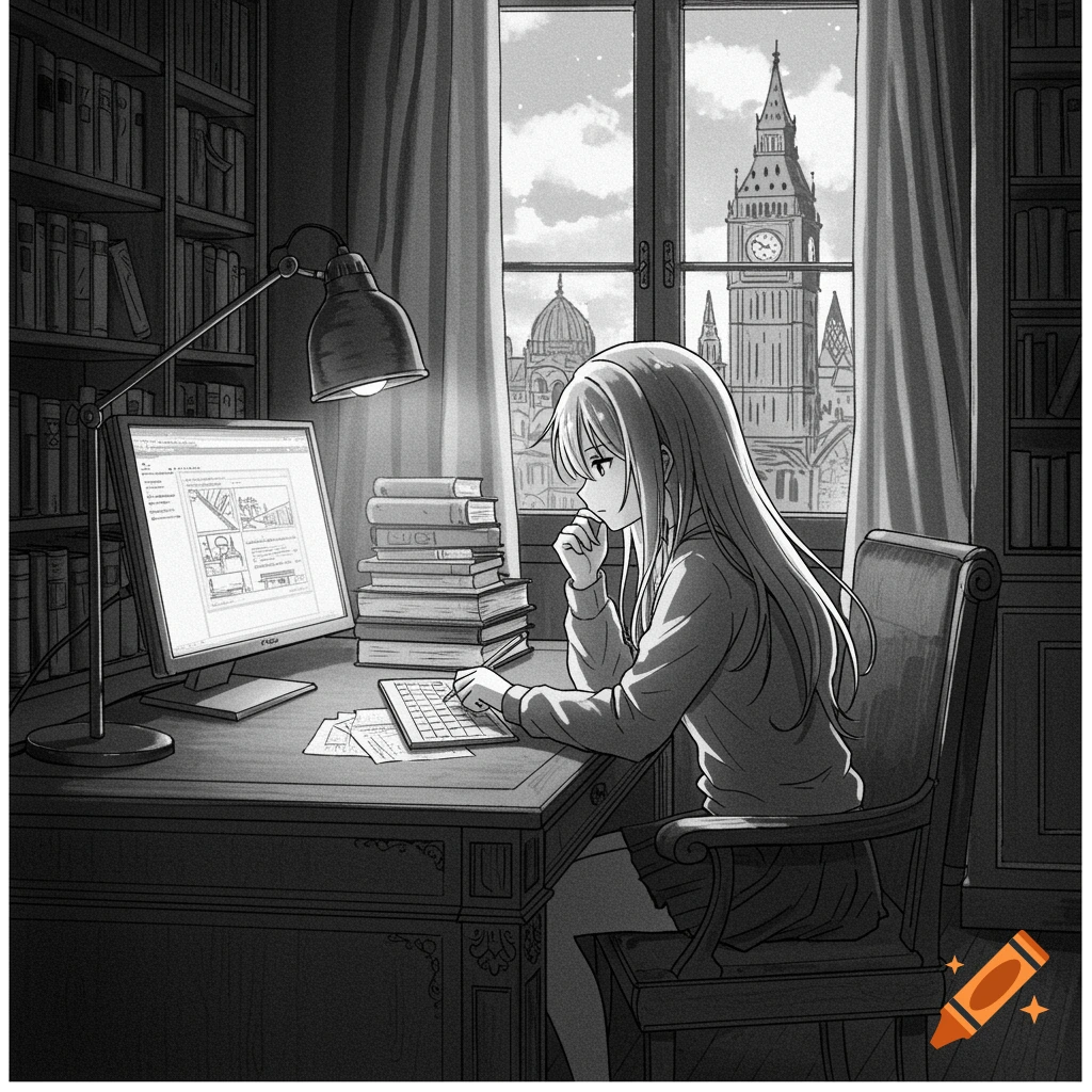 Black and white anime girl studying at a desk with a computer, books, and Big Ben visible outside the window.