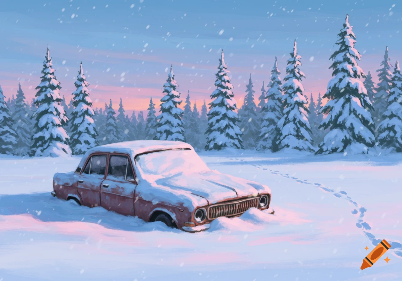An old, red car is abandoned and covered in deep snow in a winter forest landscape with falling snow and footprints.