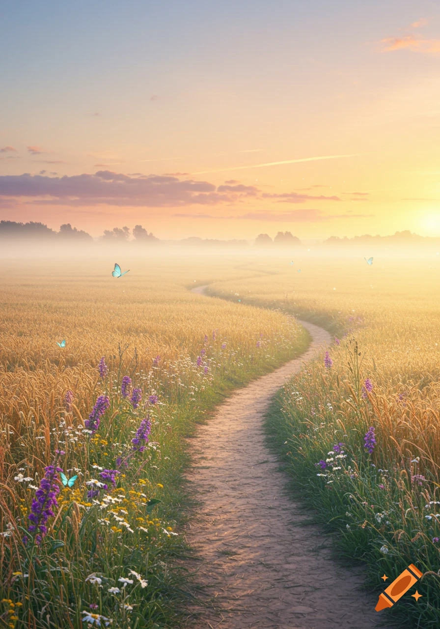 A winding dirt path through a golden wheat field at sunrise, with mist, wildflowers, and glowing blue butterflies.