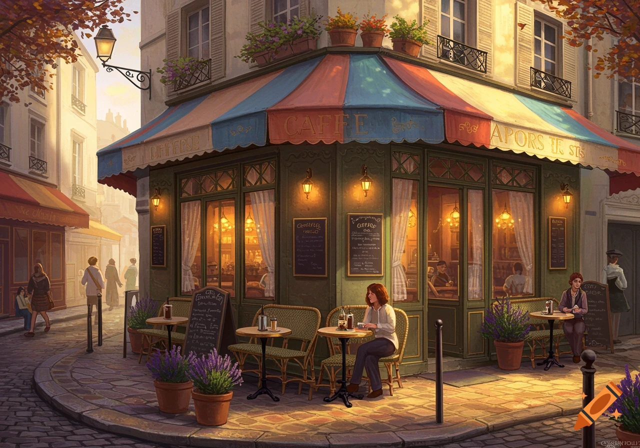 A cozy, sunlit cafe with striped awnings and outdoor seating on a charming Parisian street, with people walking by and sitting at tables.