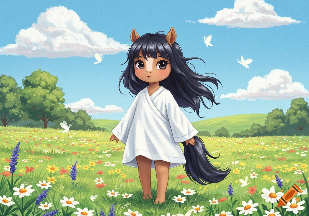 A cute illustrated horse girl with dark hair and ears stands barefoot in a vibrant green field filled with wildflowers under a blue sky.