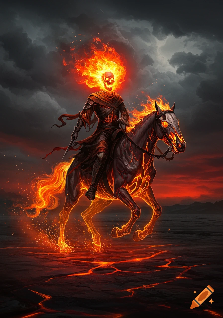 A flaming skeletal rider on a fiery horse gallops across a cracked, lava-filled landscape under a stormy sky.