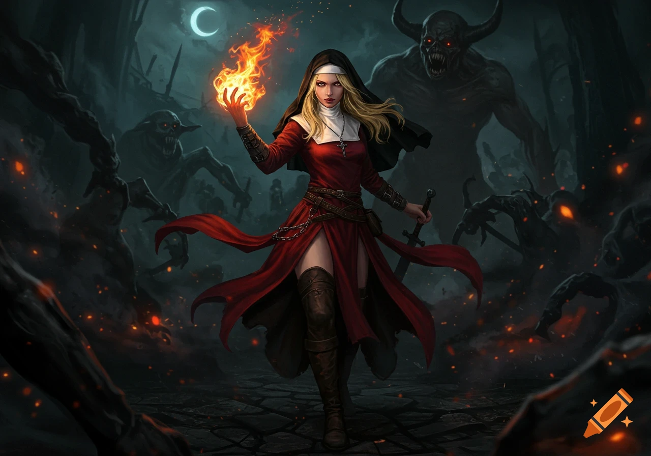 A warrior nun in a red habit and black veil casts fire, wielding a sword against horned demons and creatures in a dark, fiery, gothic setting under a crescent moon.