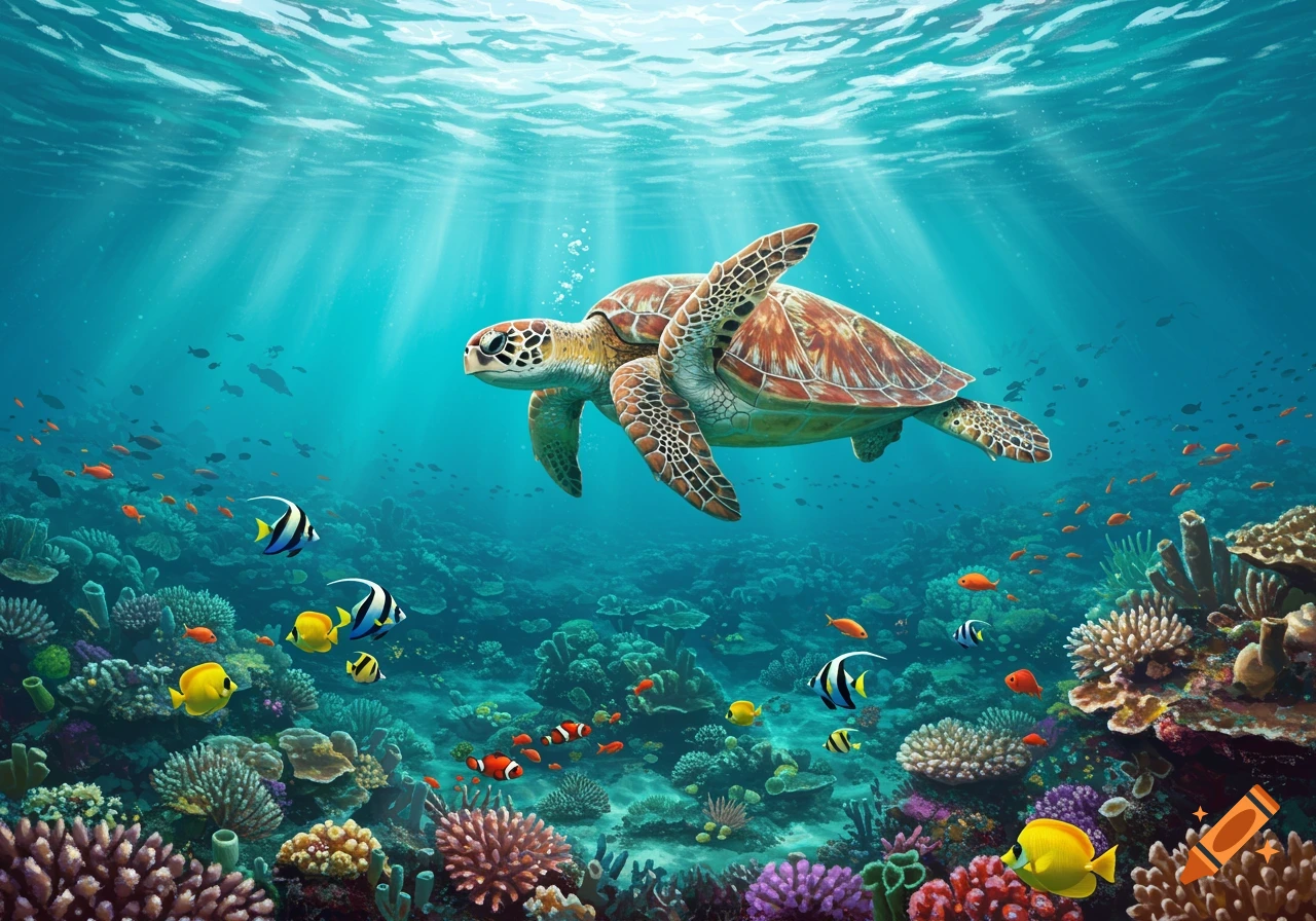A large sea turtle swims above a colorful coral reef teeming with various fish under sunlit clear blue water.