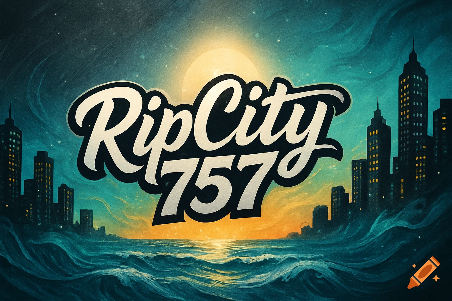 Stylized text 'Rip City 757' over a dramatic graphic illustration of a city skyline, ocean waves, and a bright sun.