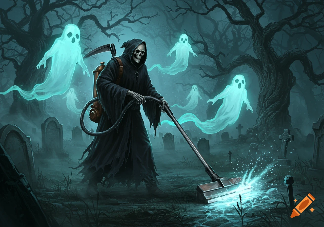 The Grim Reaper in a dark hooded robe vacuums up glowing blue ghosts in a misty, dark graveyard with gnarled trees.