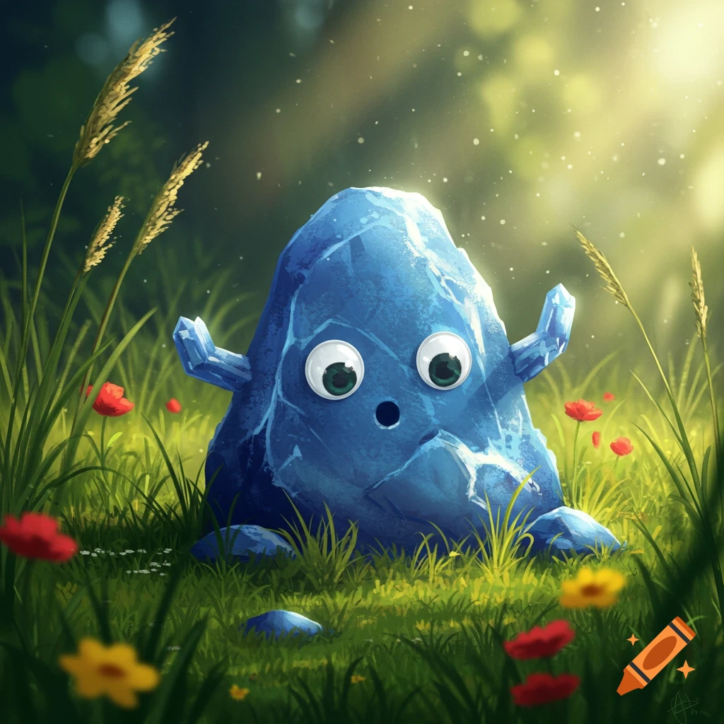A blue, googly-eyed rock creature stands in a lush green field with colorful flowers under soft sunlight.