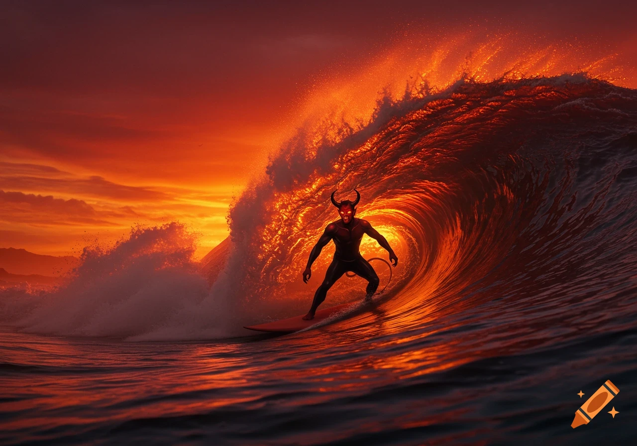 A devil with glowing red eyes and horns surfs a large fiery orange wave at sunset.