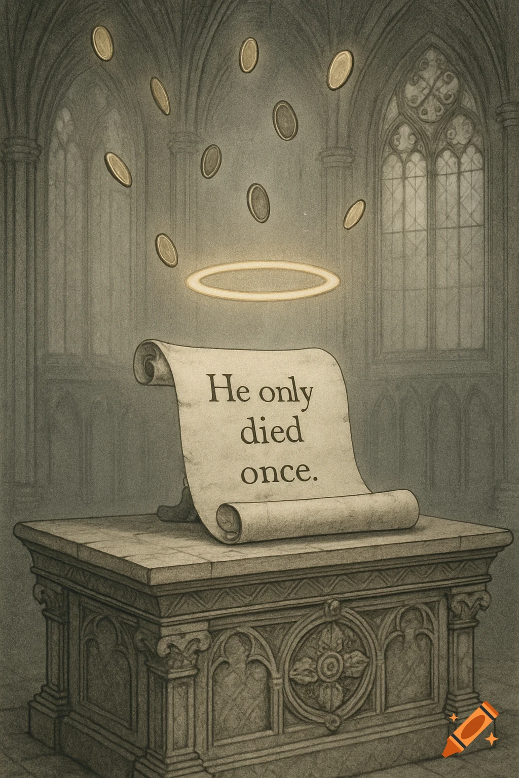 Stylized illustration of a scroll on a stone altar in a gothic church. Coins and a halo float above; scroll reads 'He only died once.'
