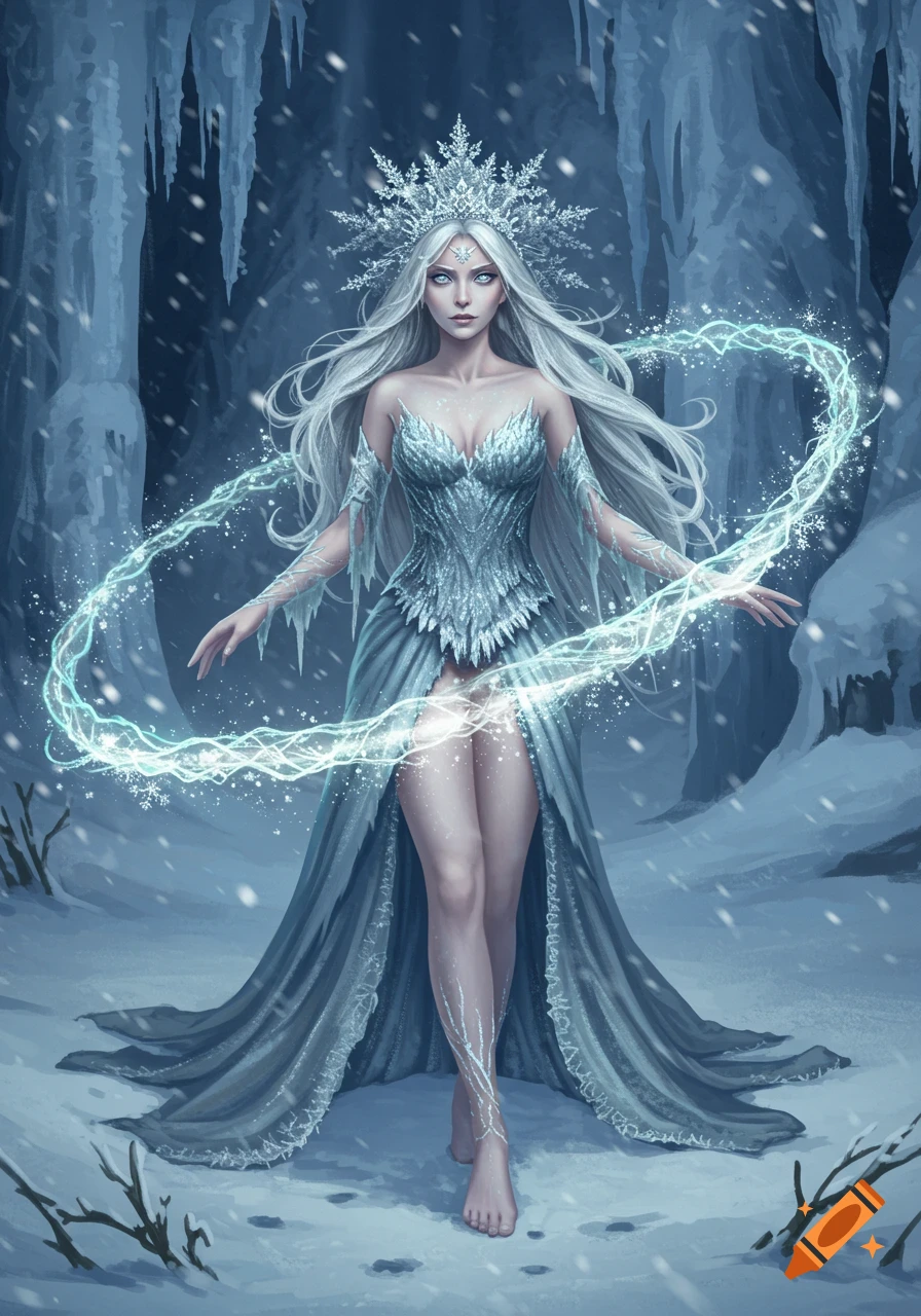A full-body illustration of a white-haired ice queen in a frosty blue dress and crown, generating a glowing icy ring in a snowy landscape.