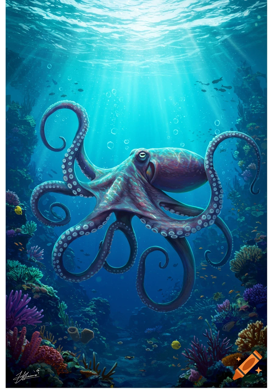A vibrant purple and blue octopus swims in clear blue ocean water, surrounded by colorful coral reefs and small fish, with sun rays from above.