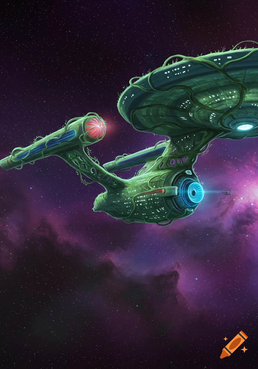 An organic, plant-covered Starship Enterprise flies through a purple nebula in space, with stars scattered around.