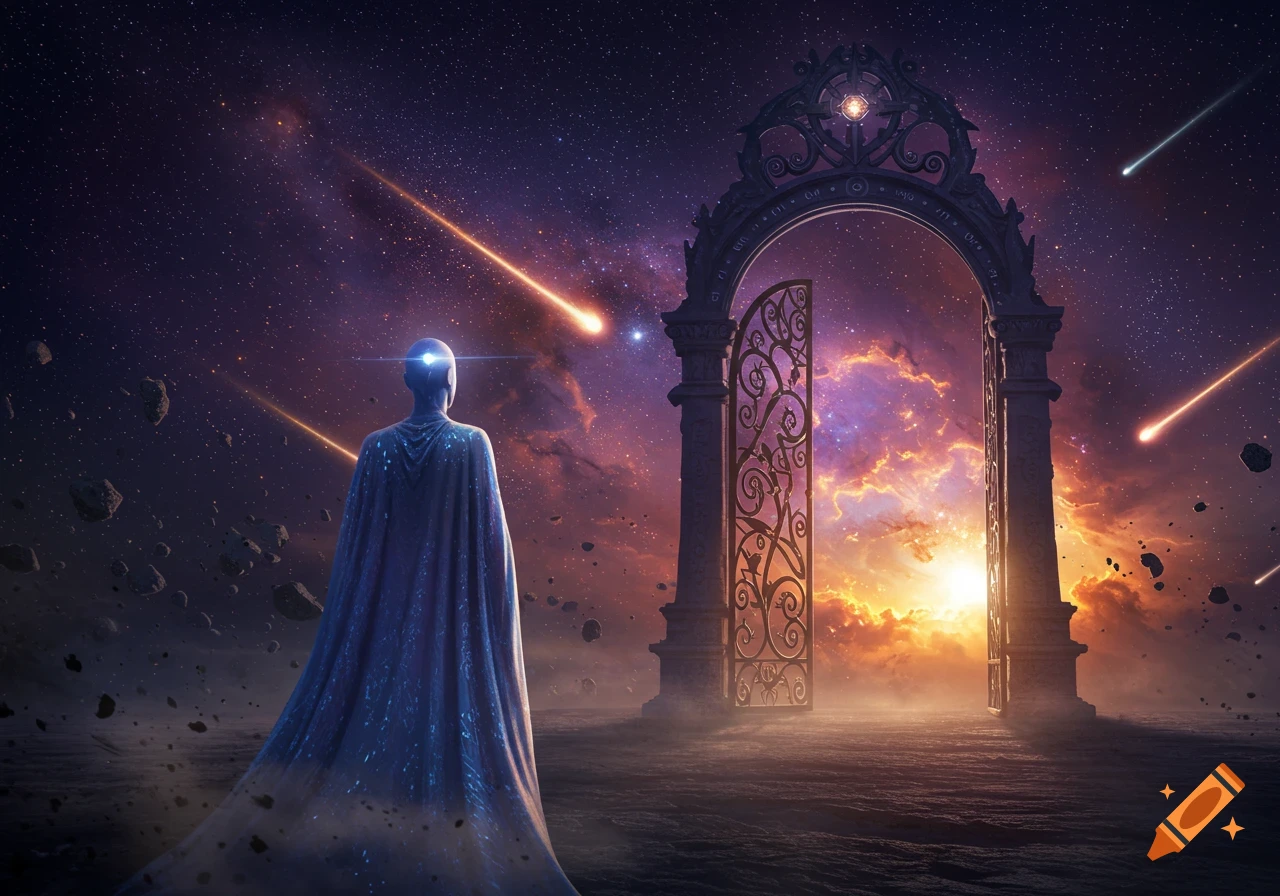 A robed figure with a glowing head stands before an ornate open gate in a vibrant cosmic landscape with meteors.