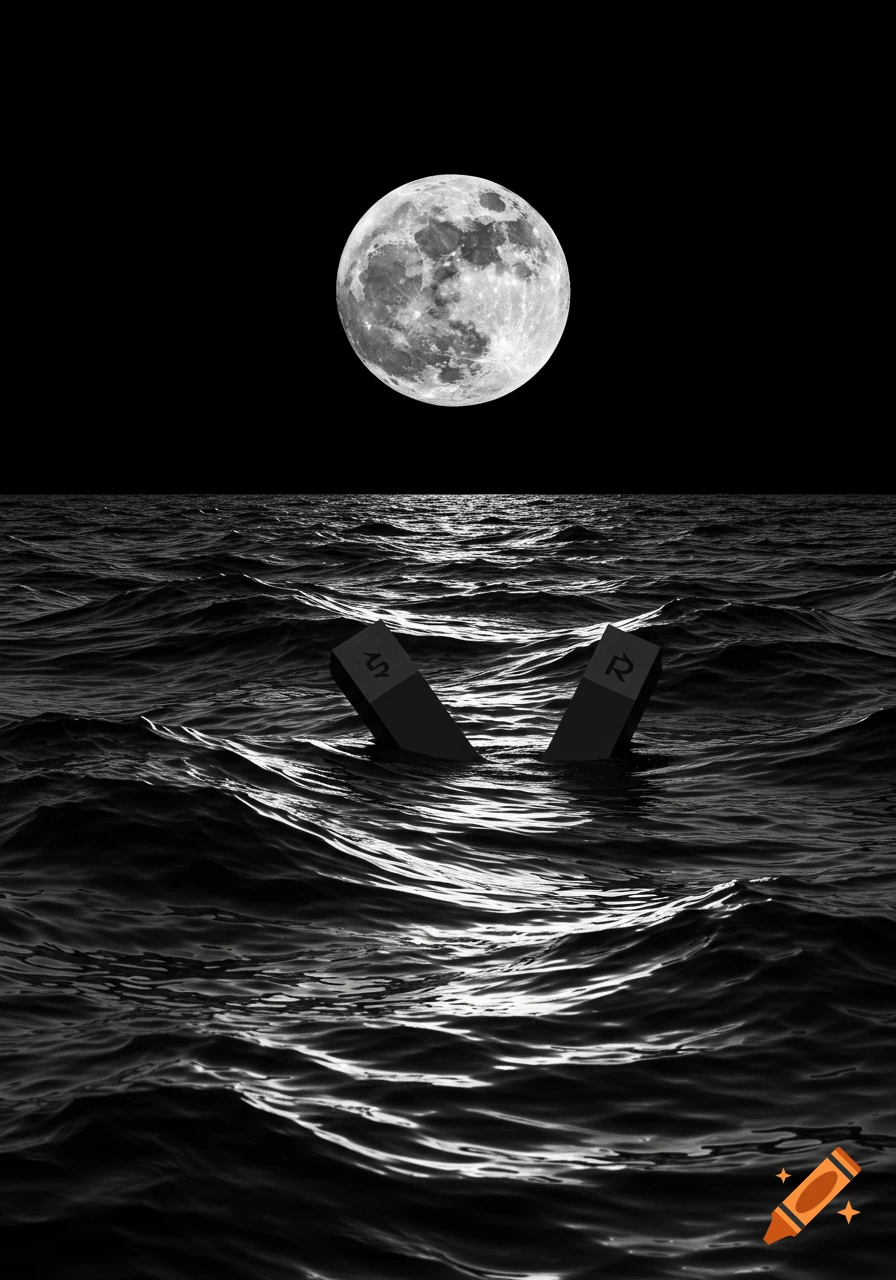 A full moon illuminates a dark, wavy ocean with two rectangular, magnet-like objects emerging from the water, depicted in black and white.