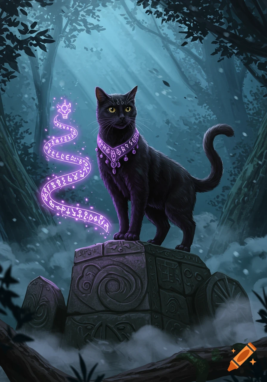 A black cat wearing a purple jeweled collar stands on ancient ruins in a misty forest, casting a glowing purple magic spell.