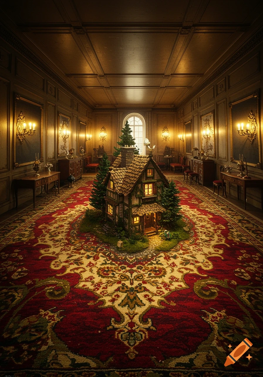 A miniature, lighted house with trees sits on a grand red and gold ornate rug in an elegant, wood-paneled room with sconces.